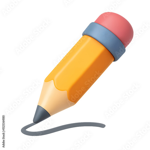 3D pencil icon with an orange body and pink eraser, drawing a curved gray line, symbolizing sketching or note-taking.