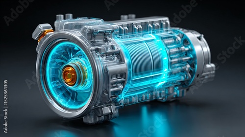 A detailed futuristic electric motor is shown in a transparent casing with glowing blue energy and metallic construction on a dark reflective surface backdrop.