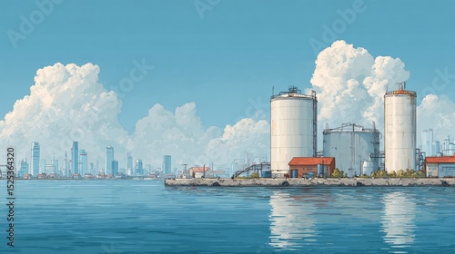 A serene watercolor painting shows industrial storage tanks alongside a calm waterfront with a distant cityscape under a bright, partly cloudy sky so peaceful.