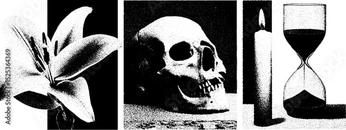 Vintage engraving of skull, candle, and hourglass with stippling and halftone texture