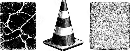 Vintage engraving with traffic cone and textures in stippling and halftone design