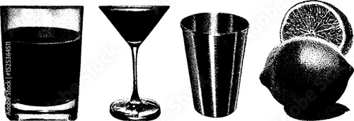 Vintage engraving of cocktail elements with stippling and halftone texture