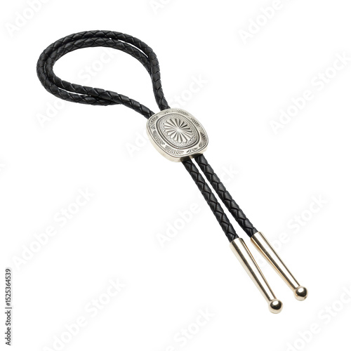 A single bolo tie featuring an intricate silver clasp and braided black leather cord with polished tips, presented on a transparent studio background with soft uniform lighting, high quality product