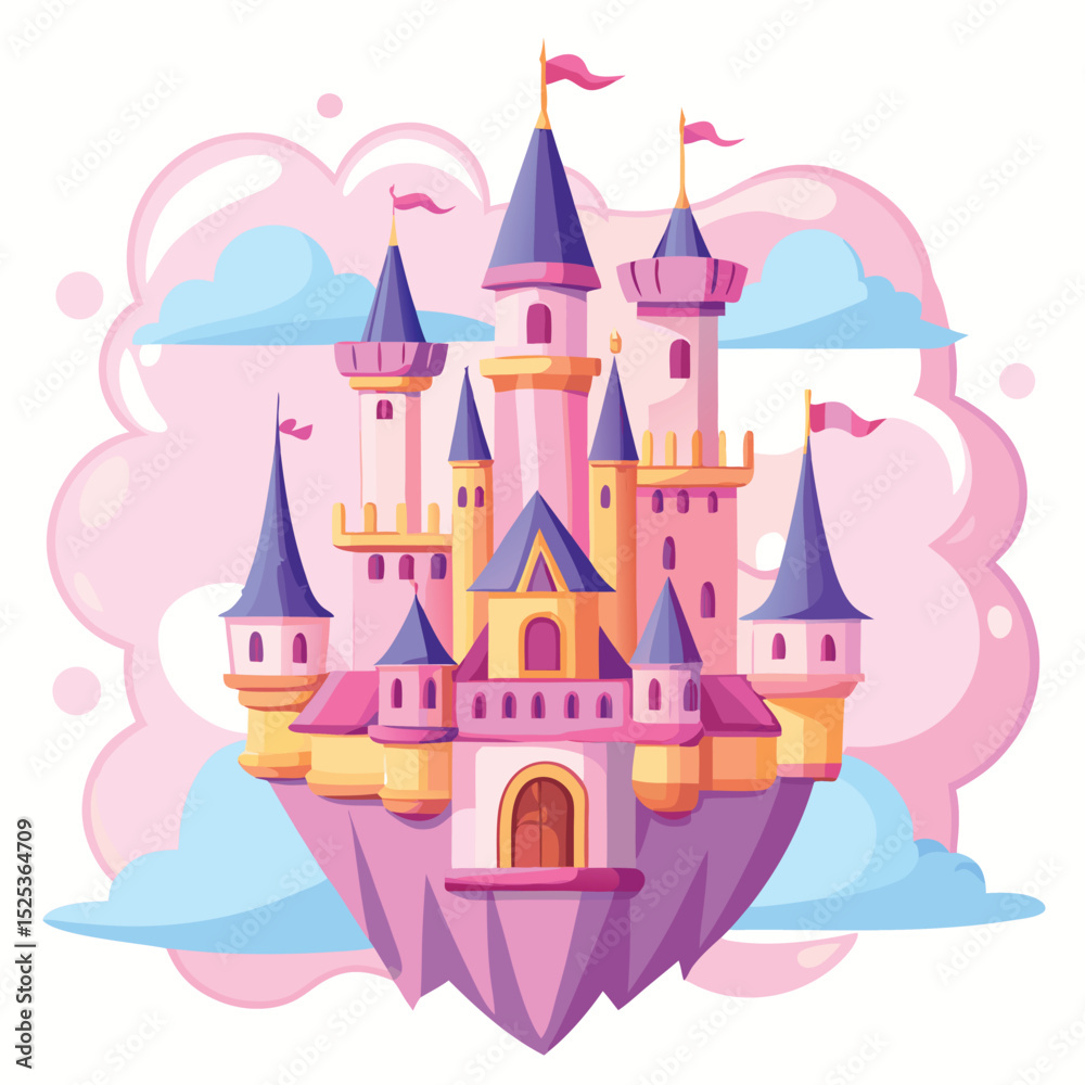Fototapeta premium Pink Princess Castle Floating on Clouds Vector Design