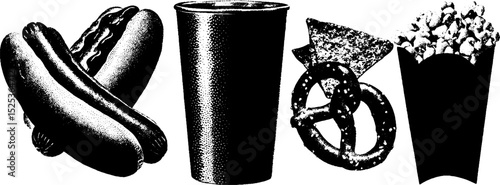 Vintage fast food collection with hot dog, soda, pretzel, and popcorn