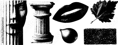 Vintage engraving with stippling and halftone texture featuring classical elements and nature