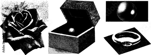 Vintage stippled rose engraving with jewelry box and ring in halftone texture