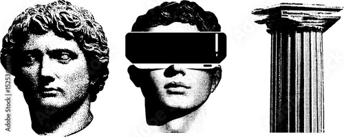 Vintage engraving art with classical sculpture and modern vr headset