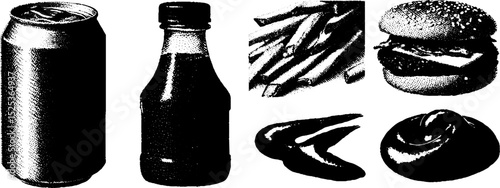 Vintage fast food engravings with stippling and halftone texture for design projects