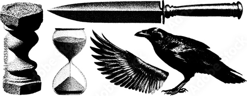 Vintage engraving collage with stippling and halftone texture featuring a dagger, raven, wing, hourglass, and column