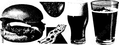 Vintage engraving of burger, pizza, bacon, and beer with stippling and halftone texture