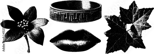 Vintage engraving collection with flowers, jewelry, and leaves in stipple texture