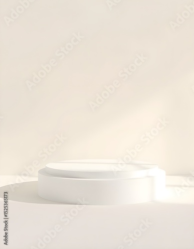 Minimal white pedestal with soft spotlight on empty beige background, clean shadows, product presentation mockup scene