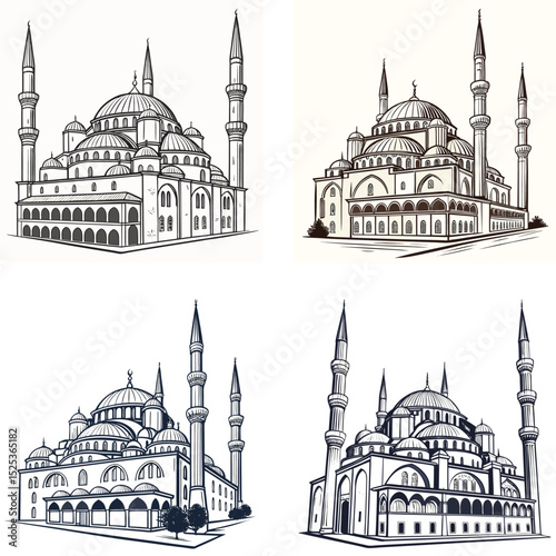 A mosque icon with domes and minarets
