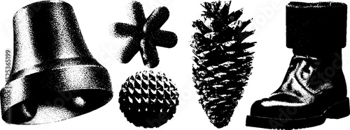 Vintage engraving with stippling texture of boot, bell, conifer cone, and spheres