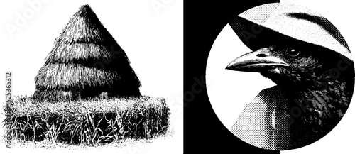 Vintage engraving of haystack and bird with stippling and halftone texture