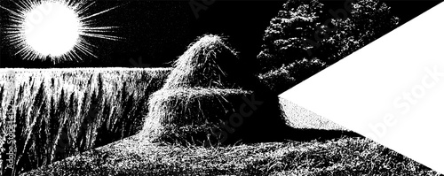 Vintage engraving with stippling and halftone texture featuring sun, haystack, and landscape