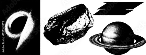 Vintage engraving with stippling and halftone texture depicting space elements