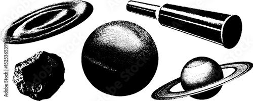 Vintage astronomy illustration with planets, telescope, and stippling art technique