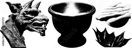 Vintage engraving with gargoyle, bowl, and hand elements in stippling texture