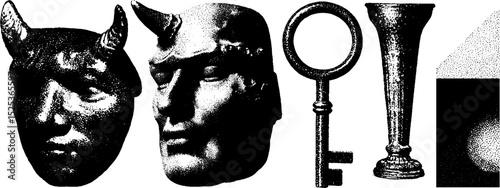 Vintage engraving with stippling texture featuring devil mask and antique objects