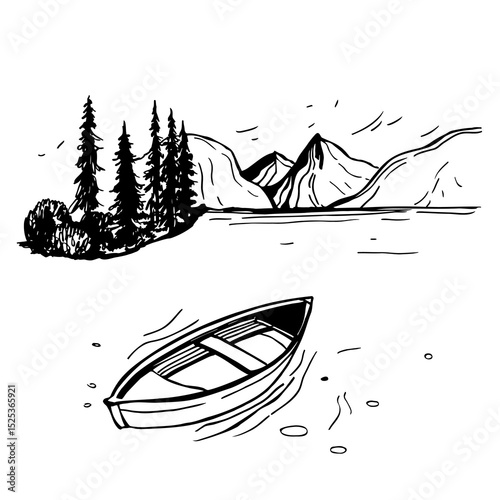  Hand-drawn  landscape with boat on mountain lake. Vector sketch  illustration.