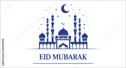 Eid Mubarak Blue Mosque Crescent And Stars Illustration On White