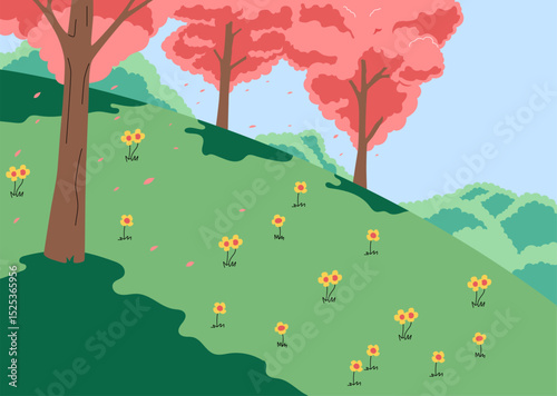 A peaceful hillside covered in blooming flowers and cherry blossom trees
