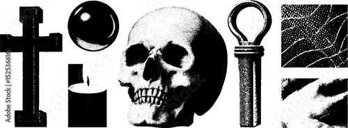 Vintage engraving with skull, cross, and candle in stippling and halftone texture for gothic design