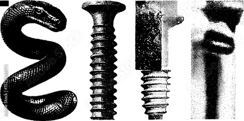 Vintage engraving of snake and household screws with stippling and halftone texture for artistic design