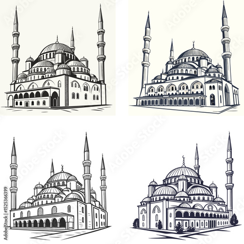 A mosque icon with domes and minarets