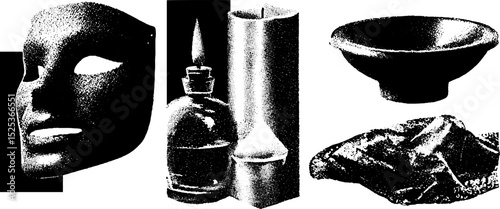 Vintage engraving of mask and objects in stippling and halftone texture for retro design