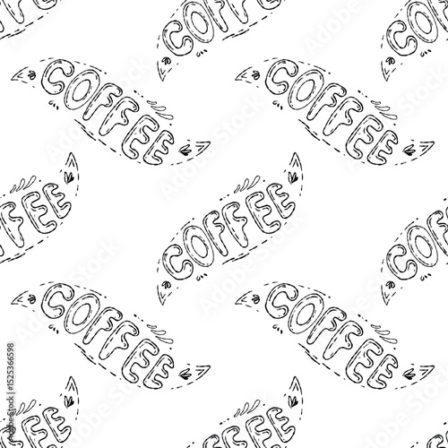 Black and white pattern, sketch coffee logo in sketch style. Lines of hot drinks for the cafe menu.