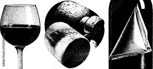 Vintage wine scene with stippling engraving texture featuring wine glass, cork, and bottle