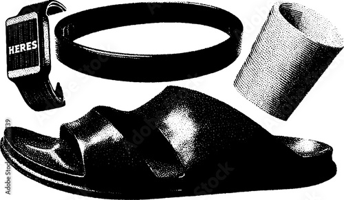 Vintage stippled engraving of modern accessories with texture elements