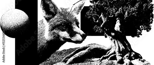 Vintage animal and nature scene with engraving stippling design for artistic decoration