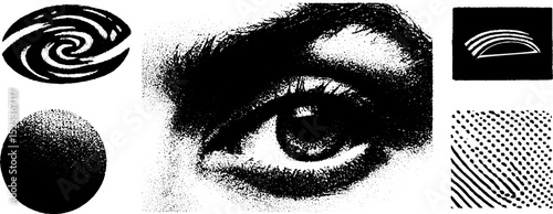 Vintage engraving with stippling and halftone texture featuring eye and abstract designs