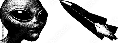 Alien encounter with rocket ship in vintage engraving style