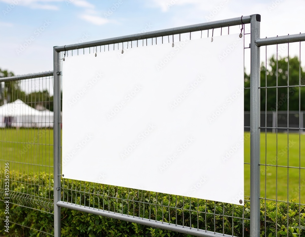 Fototapeta premium Blank white banner hanging on a metal fence with green foliage backdrop