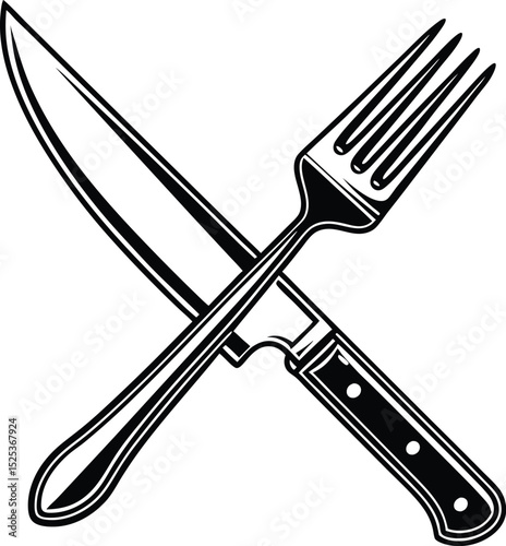 Crossed fork and knife, kitchen utensil icon, dining symbol vector, black and white cutlery, simple food design
