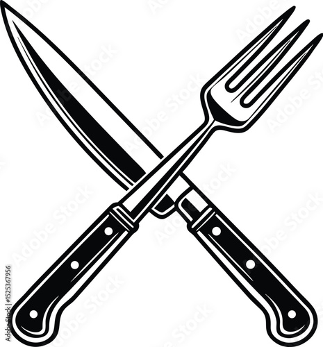 Crossed fork and knife, kitchen utensil icon, dining symbol vector, black and white cutlery, simple food design