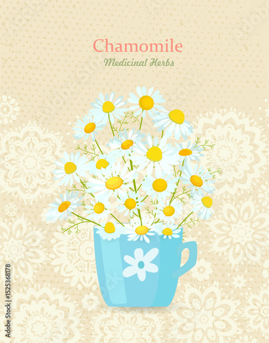 banner with a cup of blooming chamomile flowers. card with camomile wildflowers in a blue mug. medicinal herbal daisy on vintage background