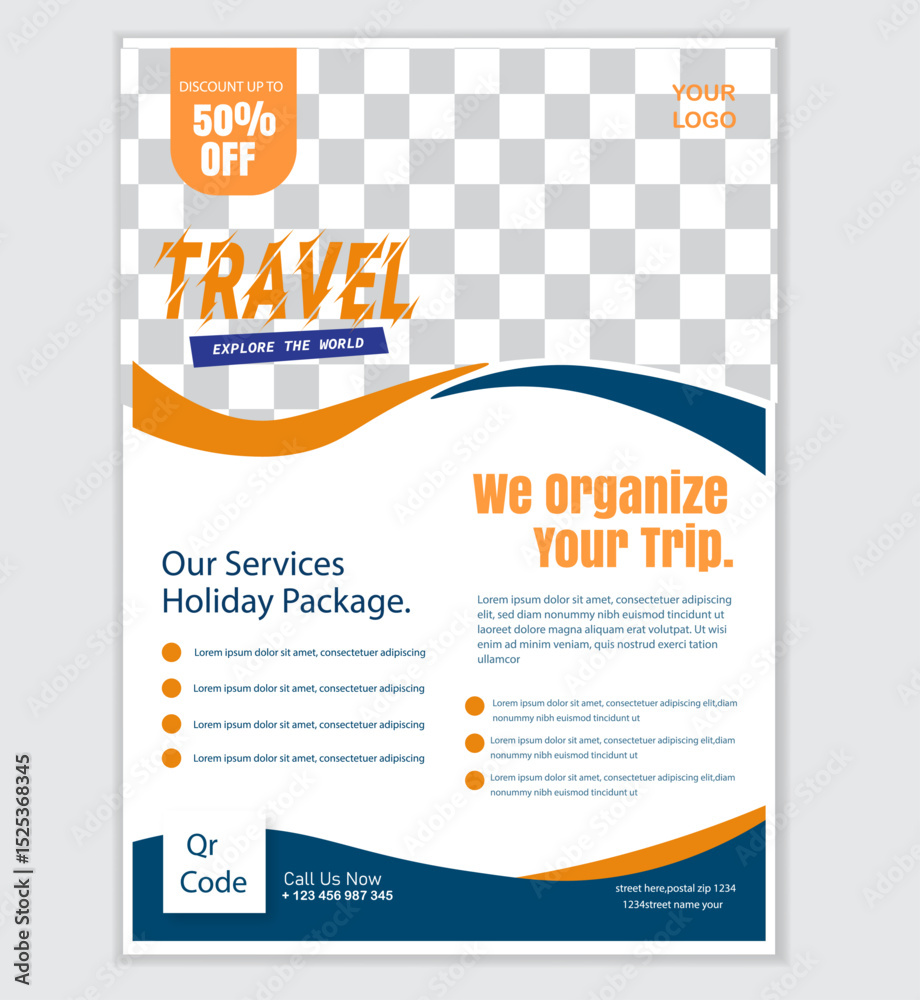 Obraz premium Creative and modern travel flyer mockup design layout.