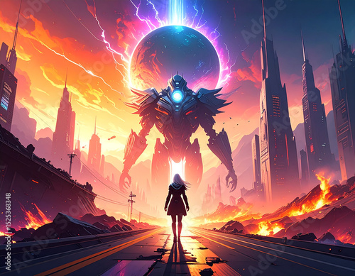 主人公、ロボット、壮大な、敵、近未来、SF、戦い、戦士、壊れた、文明、ヴィラン、ヒーロー