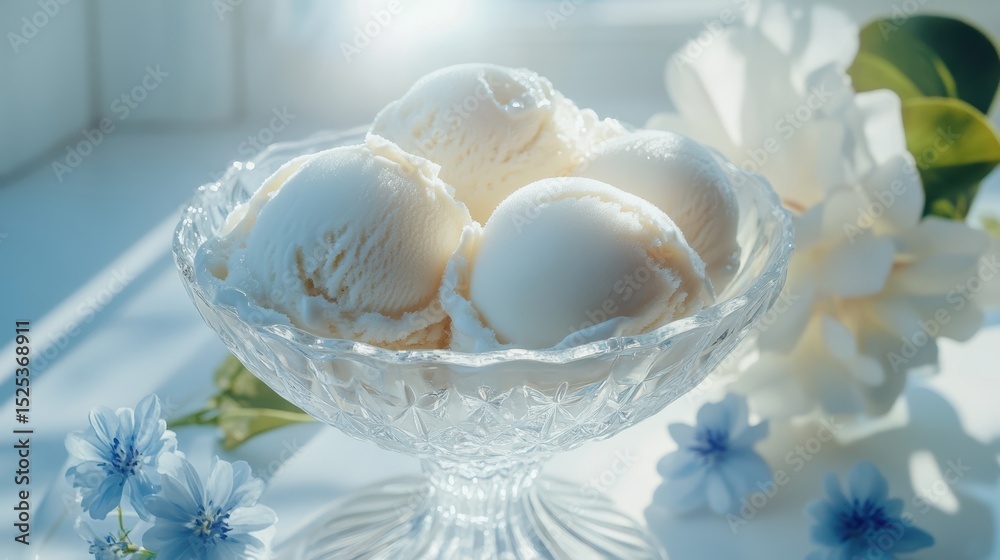 Fototapeta premium A delicious scoops of white ice cream in glass bowl in elegant lighting. The texture of a cold dessert is clearly defined. Traditional taste.