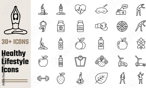 Healthy lifestyle icons collection yoga fitness wellness nutrition