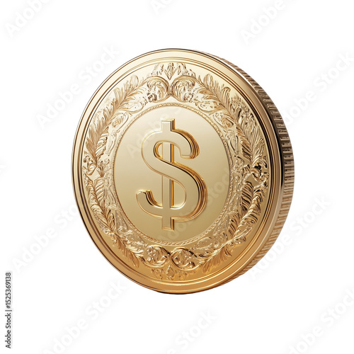 3D Realistic Golden Coin with Dollar Sign Isolated on Transparent Background