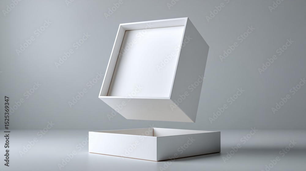 Fototapeta premium A minimalist white box with a floating lid, casting a soft shadow on a seamless surface, creates an abstract and clean aesthetic for various design concepts.