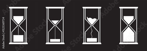 Sand watch icon set. Hourglass symbol. Flat vector illustration. Sandglass logo. Set of hourglass icons. Loading sign. Waiting time concept, Time measurement, deadline. Vector, isolated illustration.