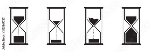 Sand watch icon set. Hourglass symbol. Flat vector illustration. Sandglass logo. Set of hourglass icons. Loading sign. Waiting time concept, Time measurement, deadline. Vector, isolated illustration.